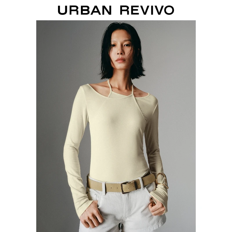 UR2026春季新款女装挂脖系带修身长袖T恤UWJ450076+