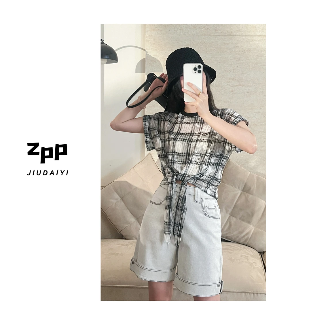 玖黛衣现货【渐变格】新款夏季黑白格复古显瘦百搭短袖T恤TXP40910