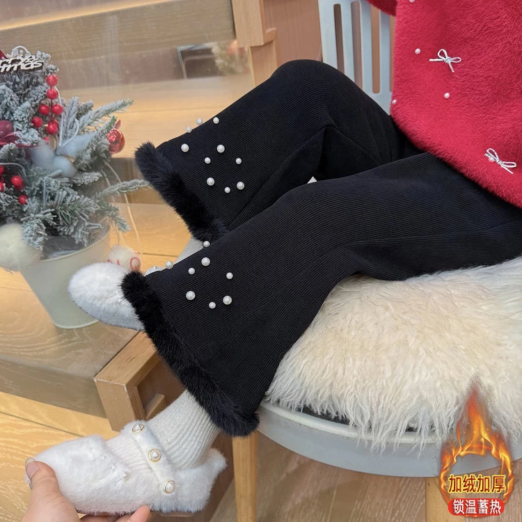 女童冬季百搭新款雪尼尔一体绒加绒珍珠韩系喇叭裤