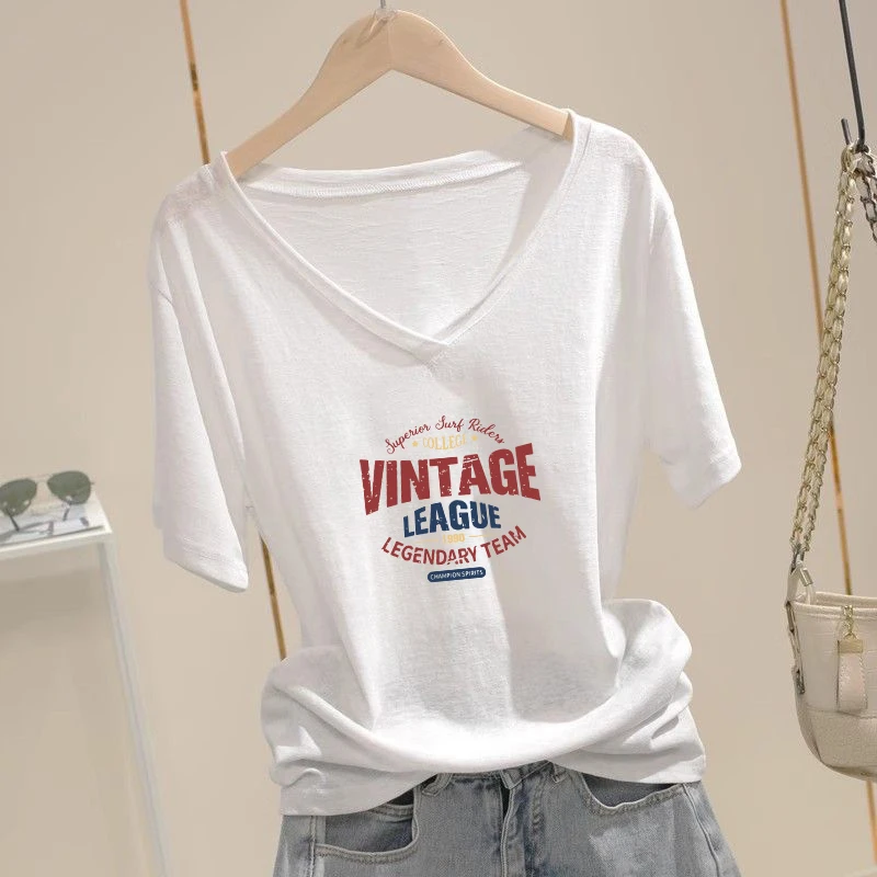 美式字母印花V领短袖2025夏季雪花棉新款T恤时髦大码宽松型打底衫