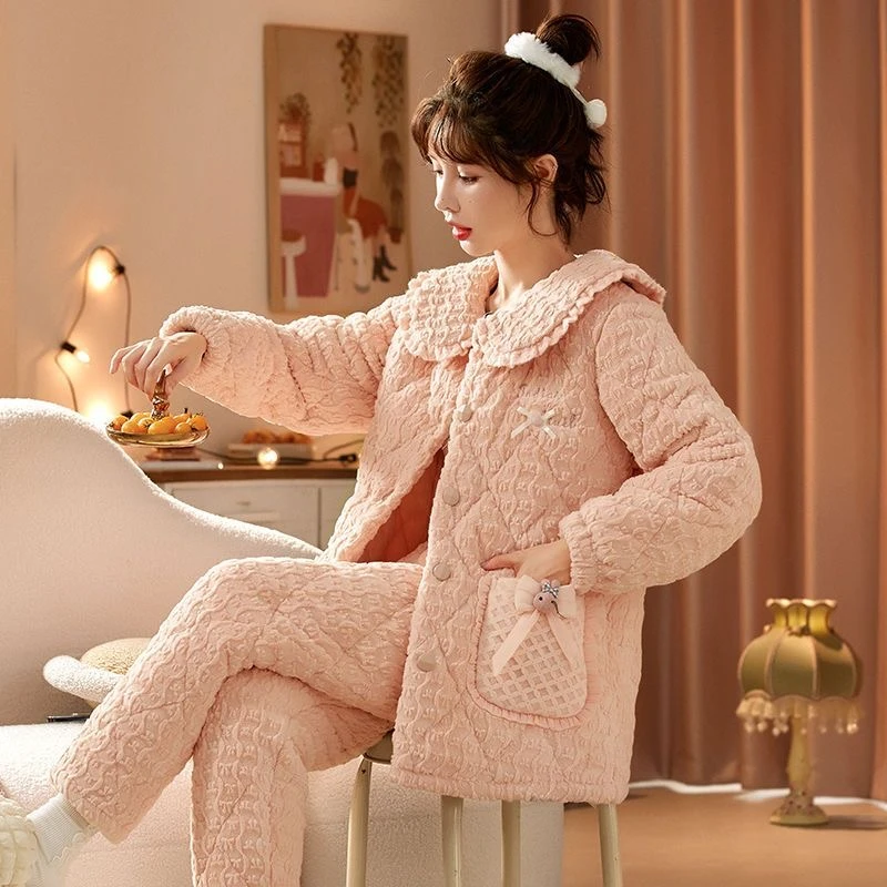 睡衣家居服女冬季三层加厚牛奶绒睡衣家居服套装牛奶绒睡衣家居服