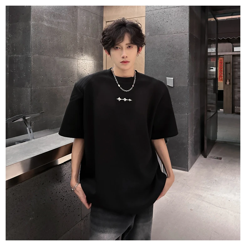 美式复古垫肩短袖男款夏季重磅金属设计感纯棉t恤潮牌痞帅半截袖