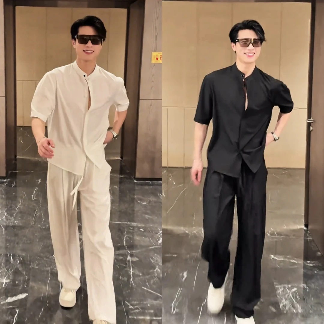 【百象服饰】老钱风痞帅立领轻薄夏季凉感速干短袖衬衫长裤休闲套装