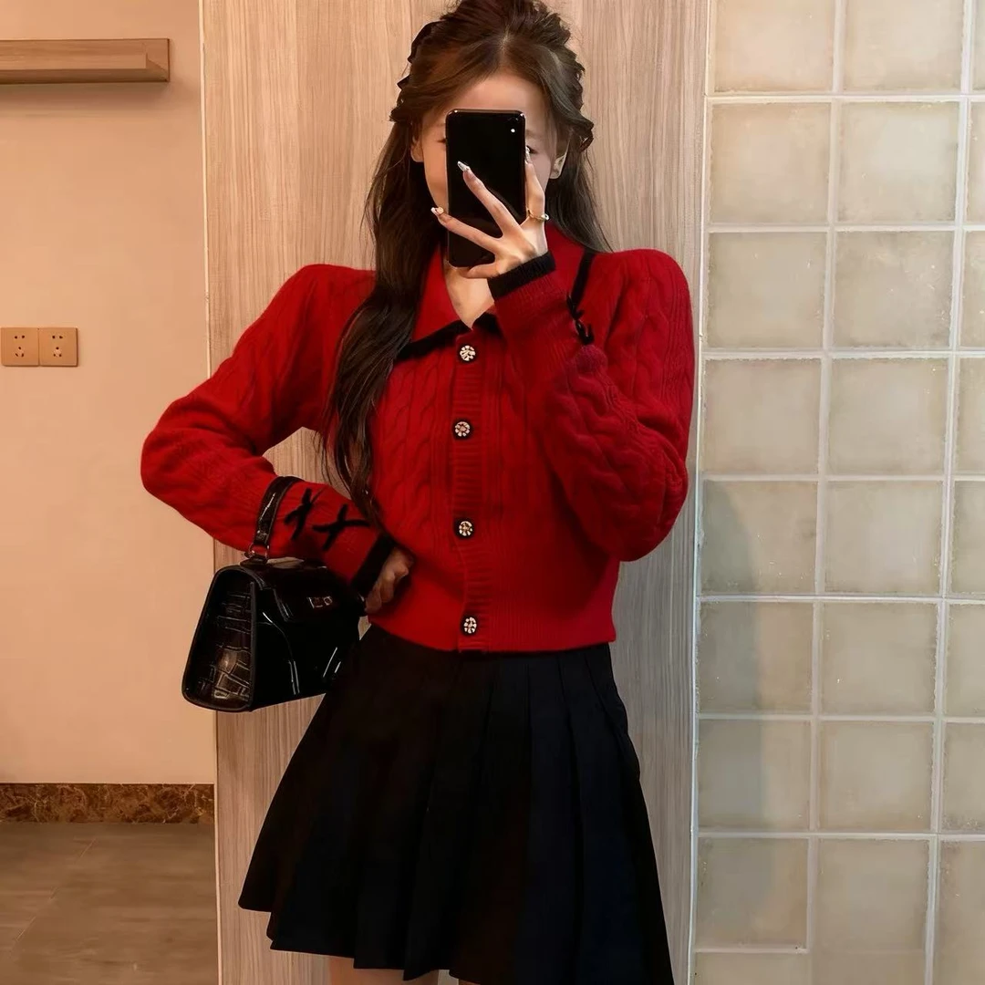 奶呼呼的红色毛衣开衫外套短款小个子针织衫翻领学院风上衣#9360