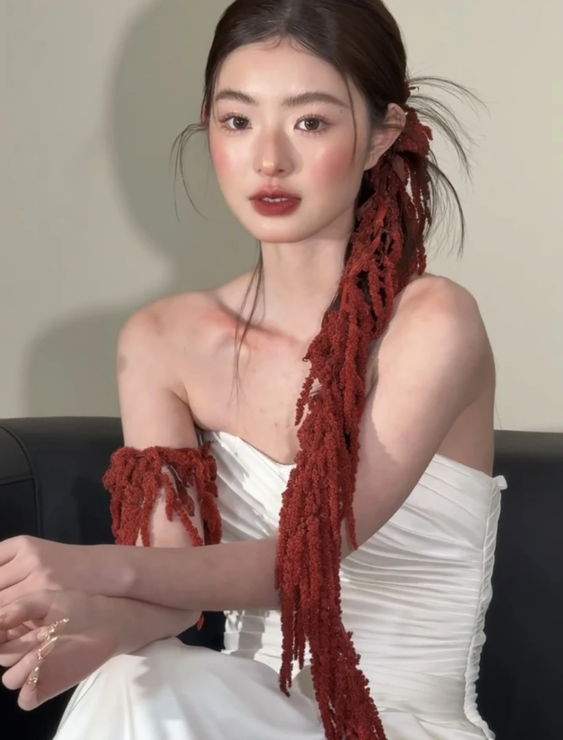 2865新娘酒红色吊米永生花低马尾绑发小米穗毛线敬酒服结婚头饰