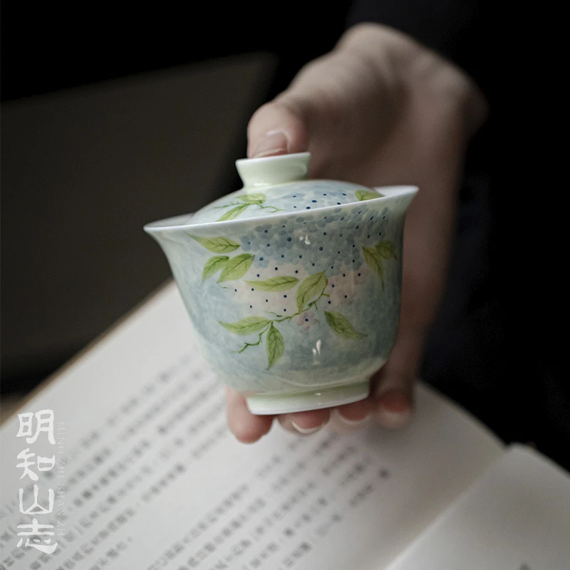 明知山志 果青蓝风铃华初盖碗 手绘小清新陶瓷盖碗玉泥家用泡茶碗