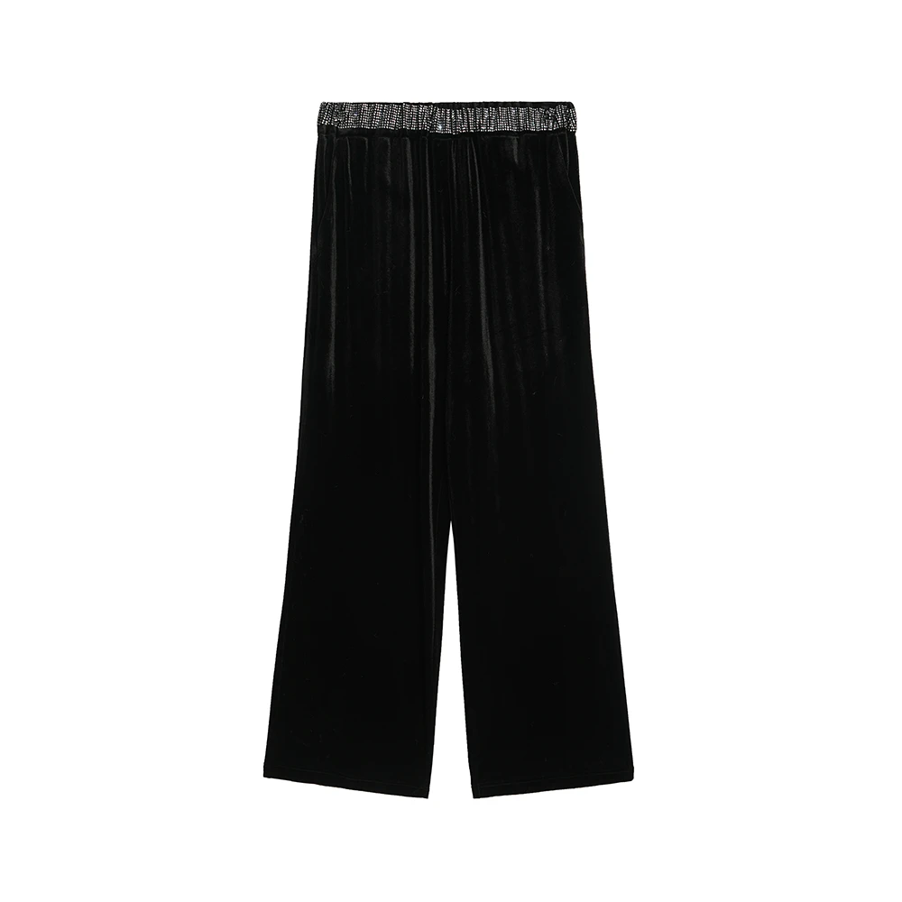 简约气质温柔风黑色烫钻松紧腰休闲裤 X8022