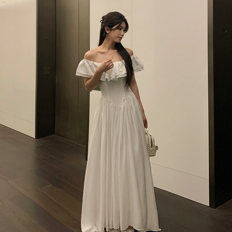 白色气质荷叶边显瘦飞飞袖字裙连衣裙裙子长裙女夏