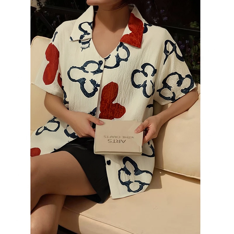 纯禧睡衣夏季宽松家居服套装卡通睡裙植物花卉短袖短裤