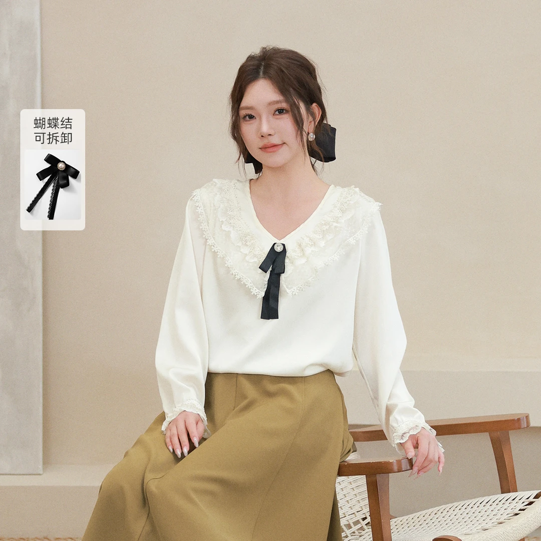 【配胸针】MsShe大码女装秋季胖mm法式花边V领缎面衬衫小衫M2301020
