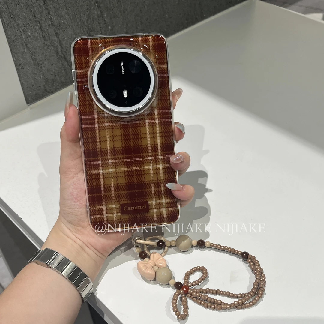 秋冬棕色格纹轻薄适用华为mate60手机壳mate70pro女p70小众p80