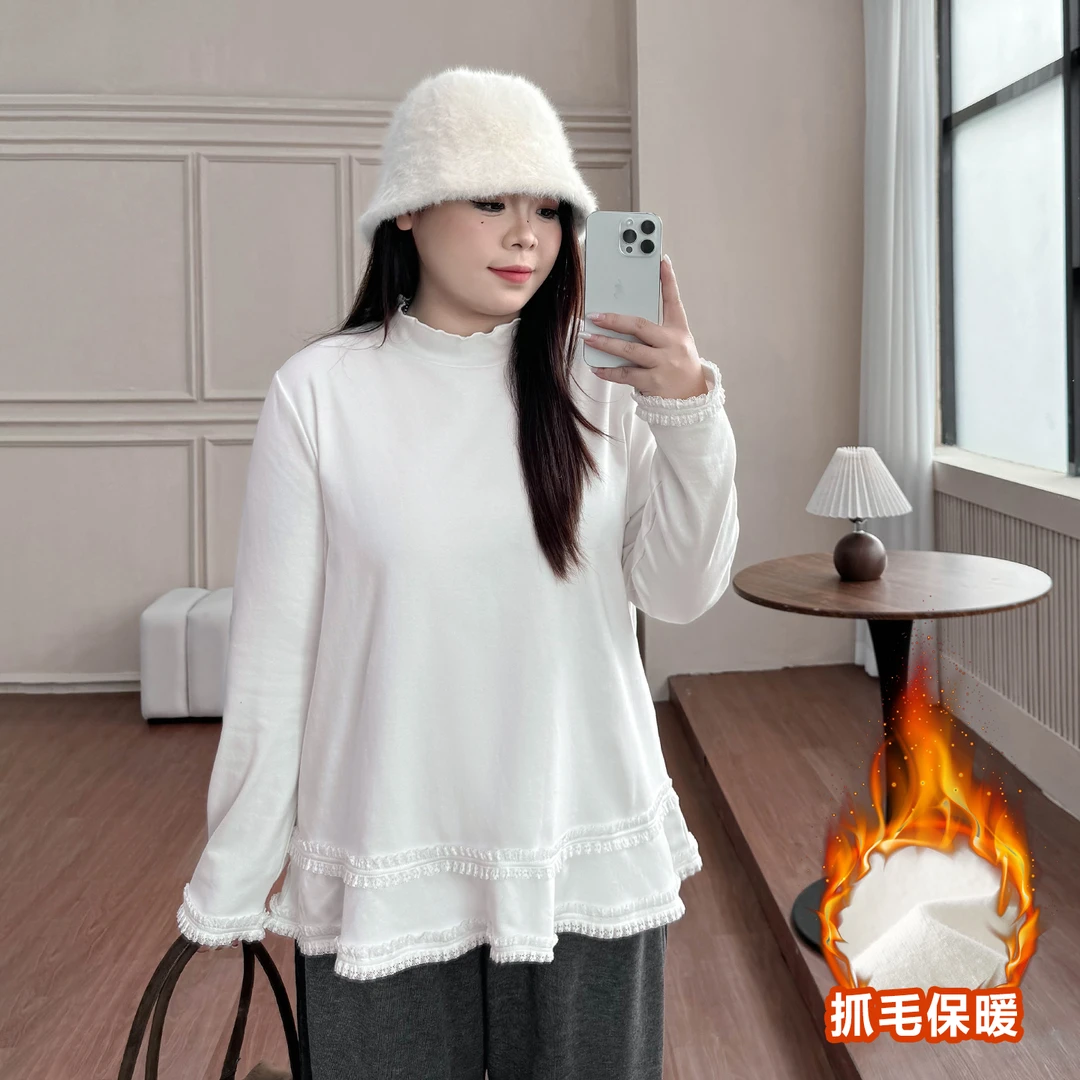 DD8421大码女装【蕾丝花边打底衫】秋冬韩系半高领长袖保暖抓毛T恤