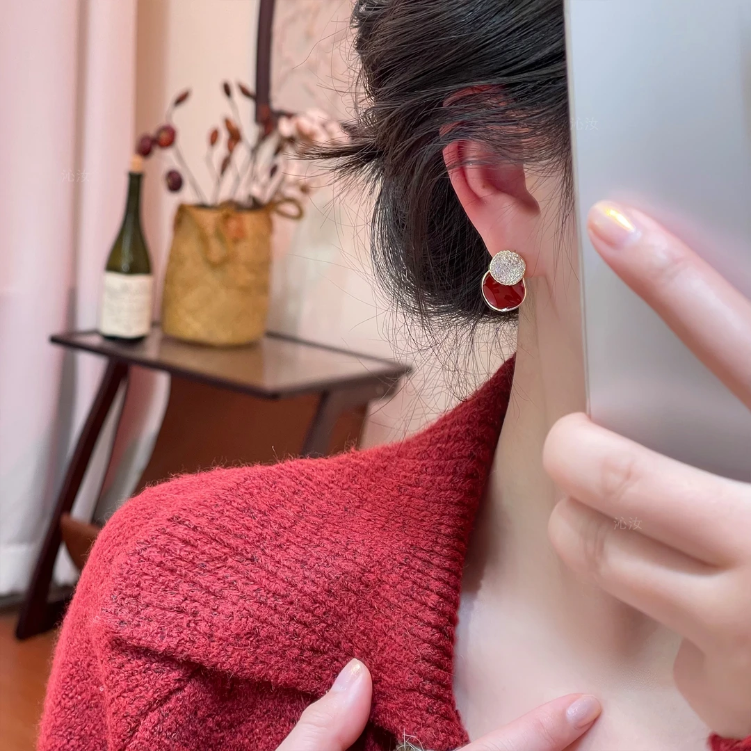 【沁汝饰品】FQ861红色几何圆形拼接耳钉法式复古轻奢
