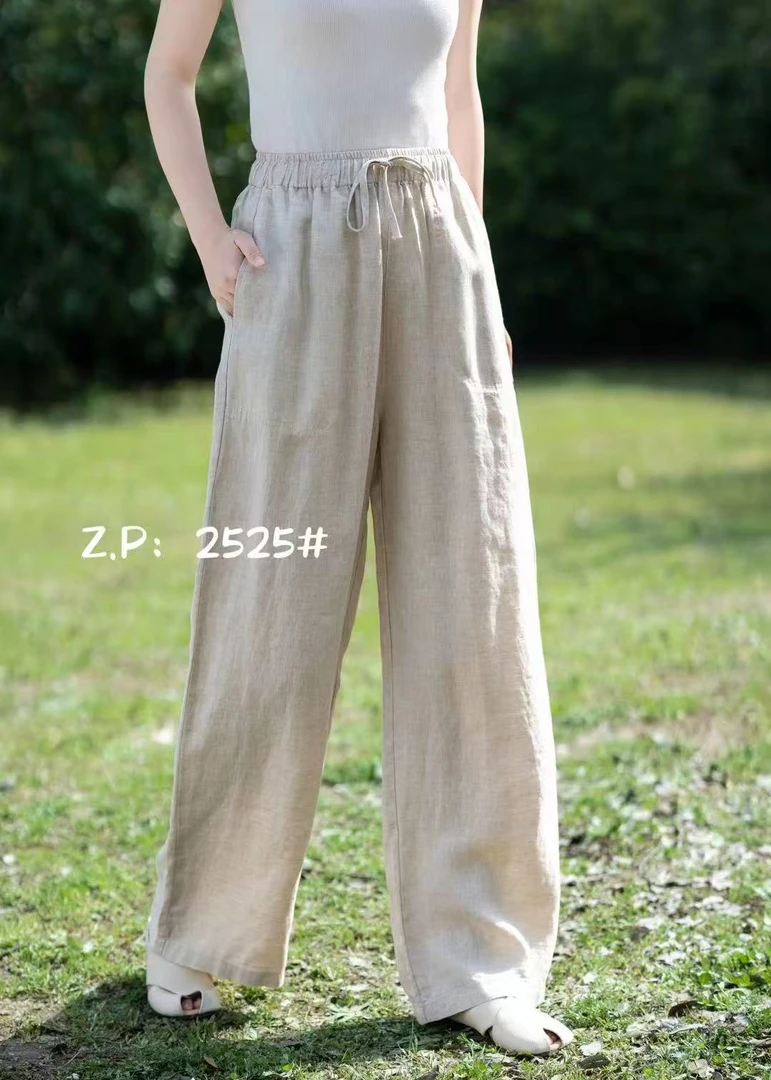 亦雯【夏日盛典】复古纯色亚麻裤女宽松显瘦系带松紧腰阔腿直筒裤