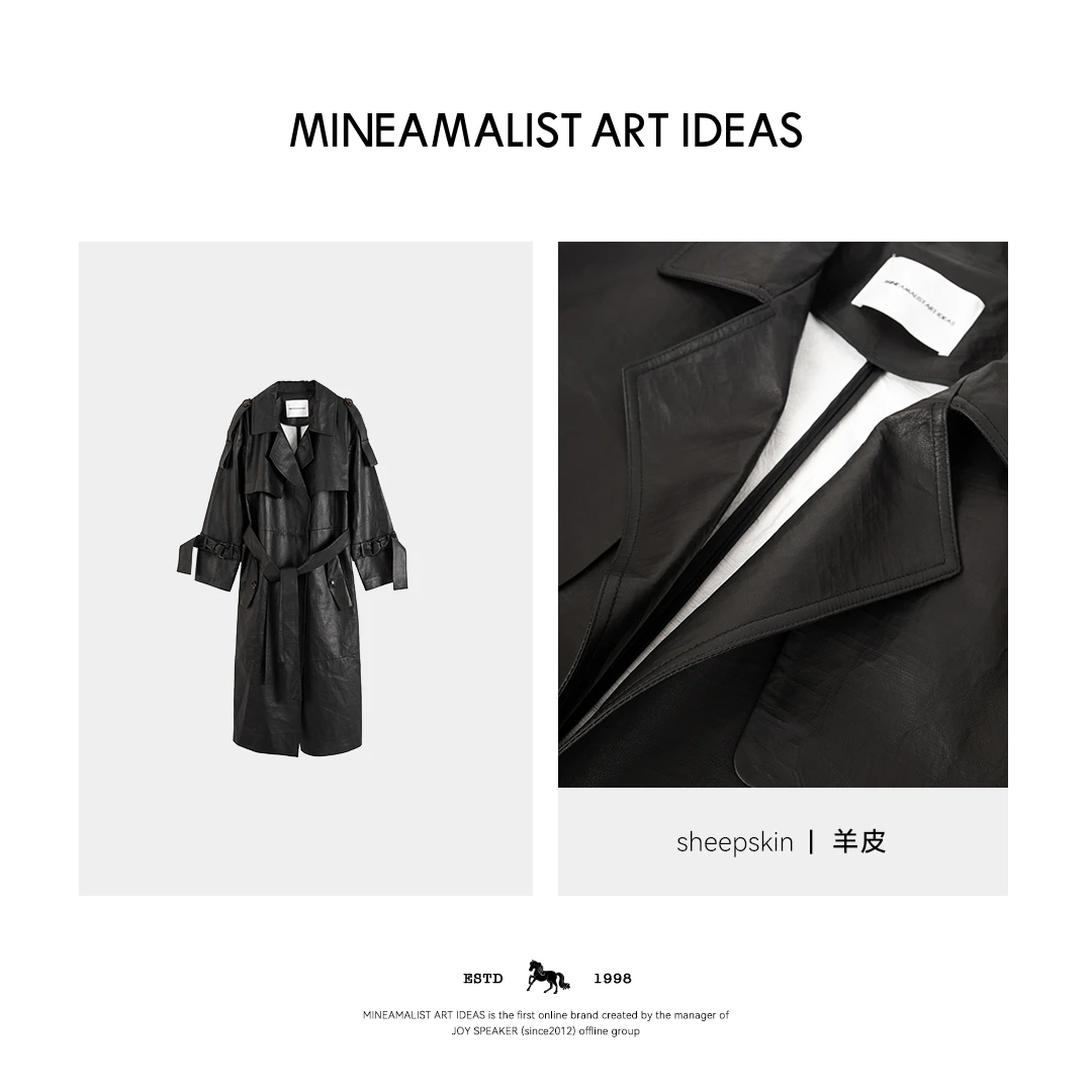 MINEAMALIST ART IDEAS翻领长款系带羊皮大衣外套2165M