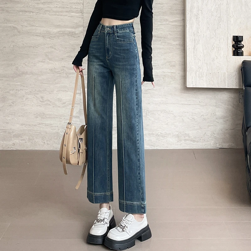 小个子蓝色直筒牛仔裤女2025年春季新款高腰弹力九分烟管法棍裤子