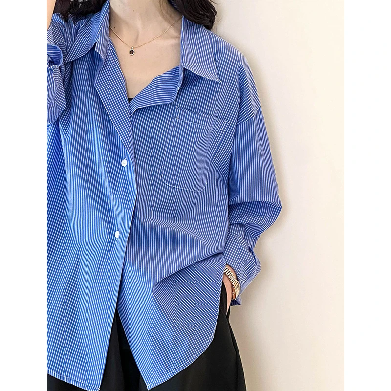 2025早春蓝色条纹衬衫女款韩系气质宽松设计感高级上衣休闲衬衣