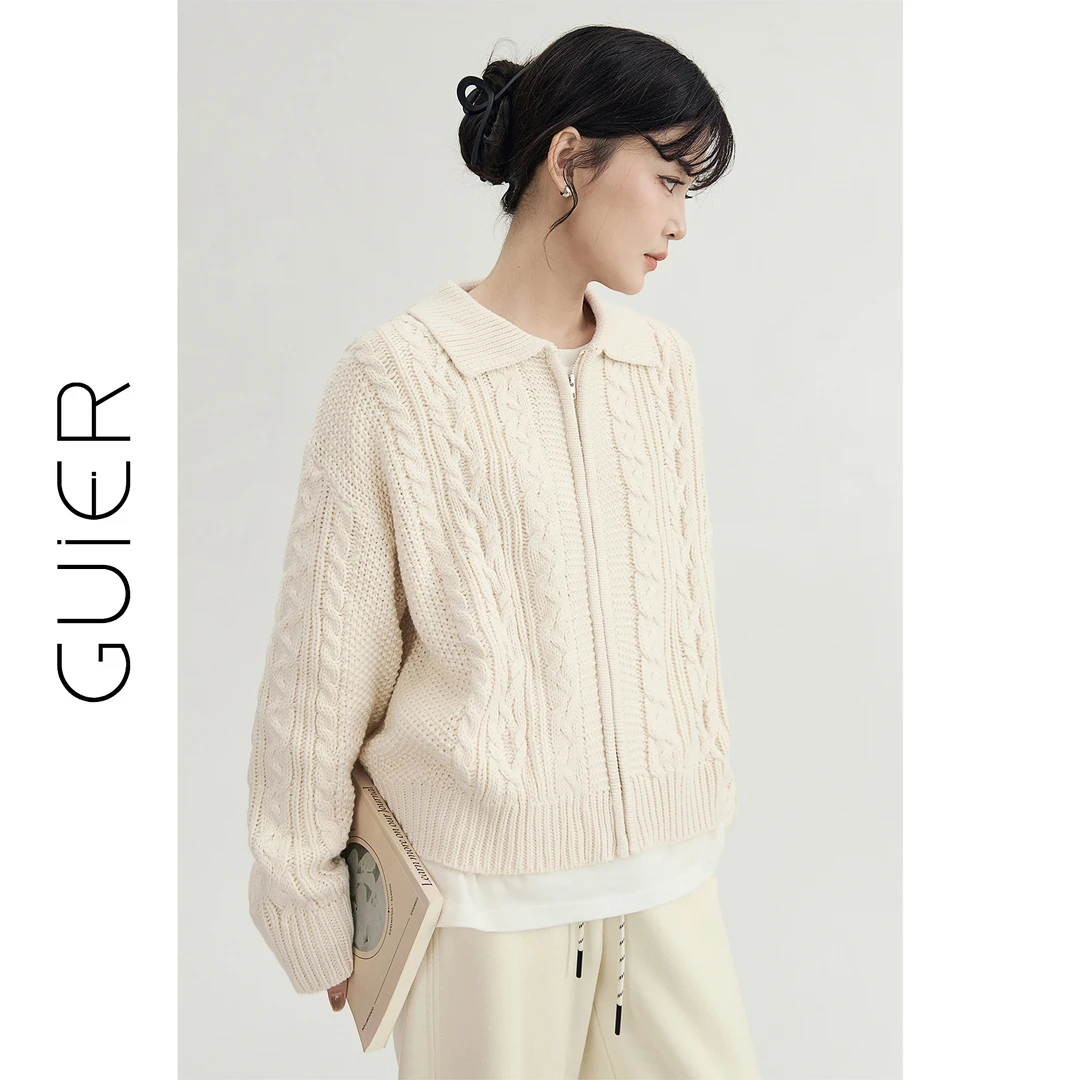 麻花针织开衫女秋冬2025新款翻领宽松休闲百搭拉链上衣G5187