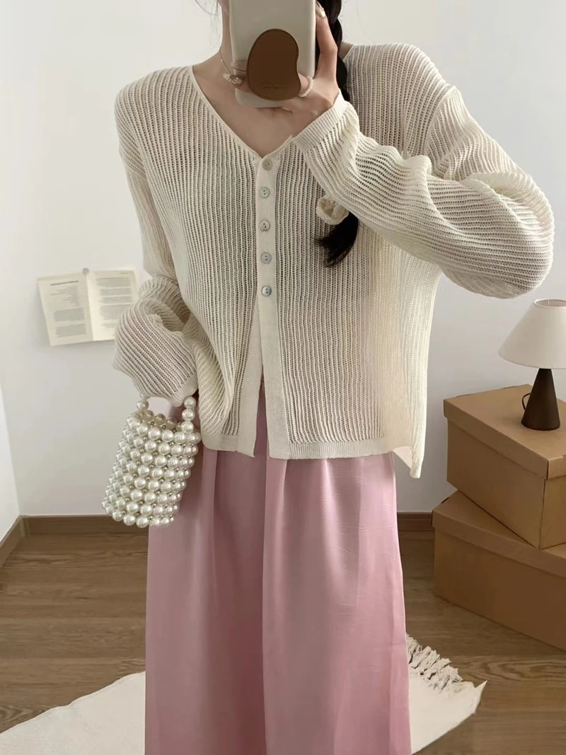 天丝亚麻薄款长袖V领针织开衫女可外穿宽松外搭空调防晒衫上衣