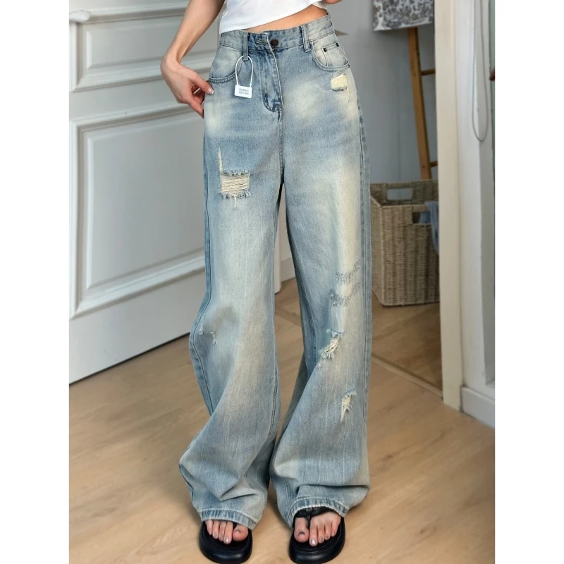 大码美式复古破洞牛仔裤女2025春夏新款高腰直筒拖地宽松阔腿裤子