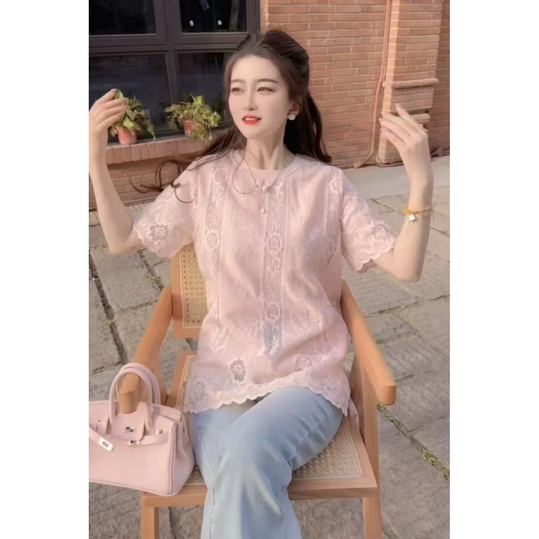 『蜜粉钩花A』时尚气质百搭时尚出行T恤3241