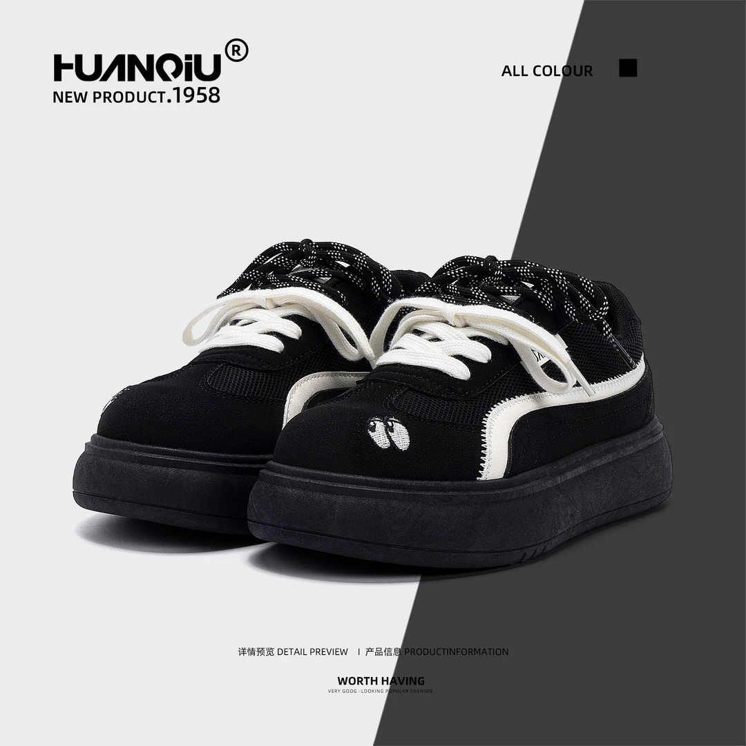 环球女鞋黑色板鞋2025夏季新款网面透气小白鞋厚底增高休闲鞋子女