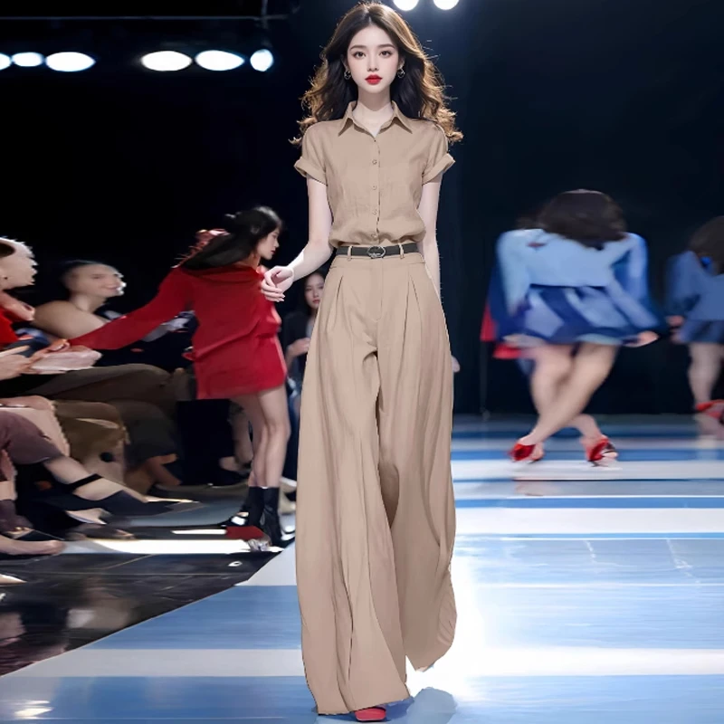 时尚洋气套装女2025夏季新款气质显瘦短袖衬衫高腰阔腿裤两件套潮