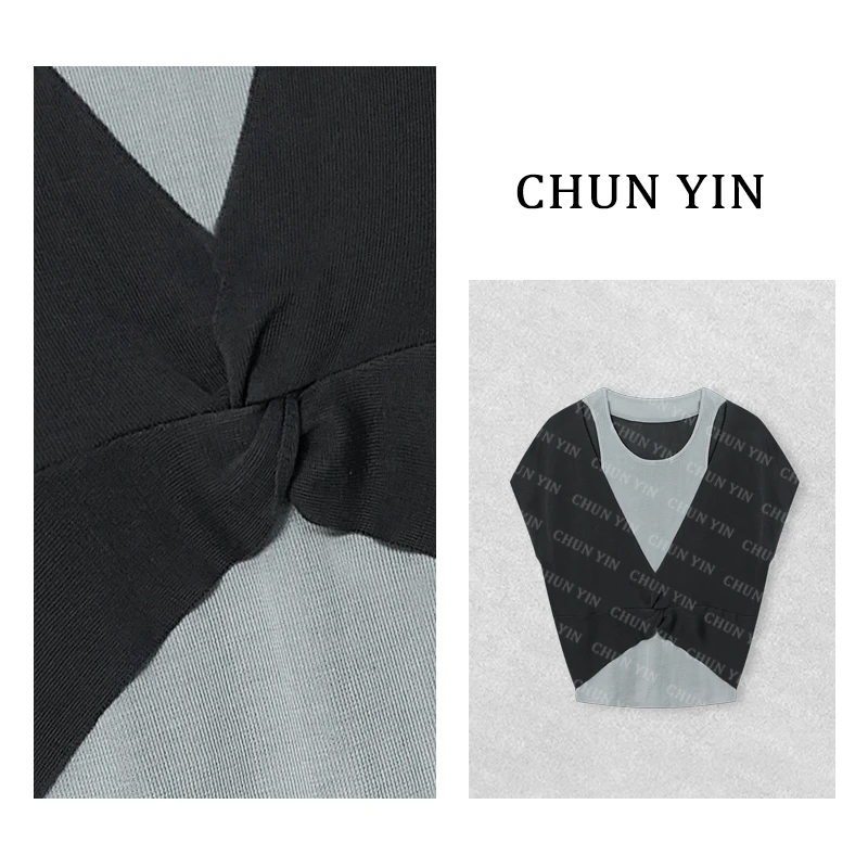 大雨【纽结假两件】韩版设计感扭结假两件显瘦上衣33890