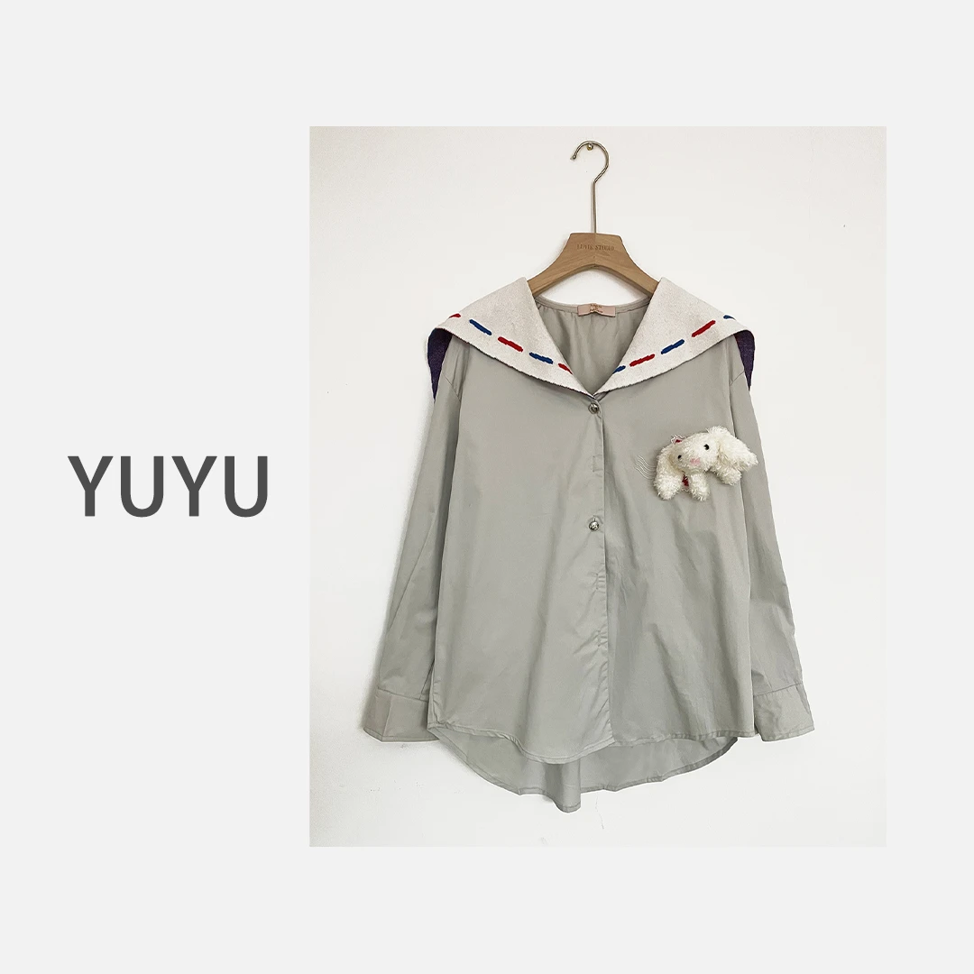 【彩旗】韩版海军娃娃领刺绣字母宽松设计感时尚衬衫.Y870