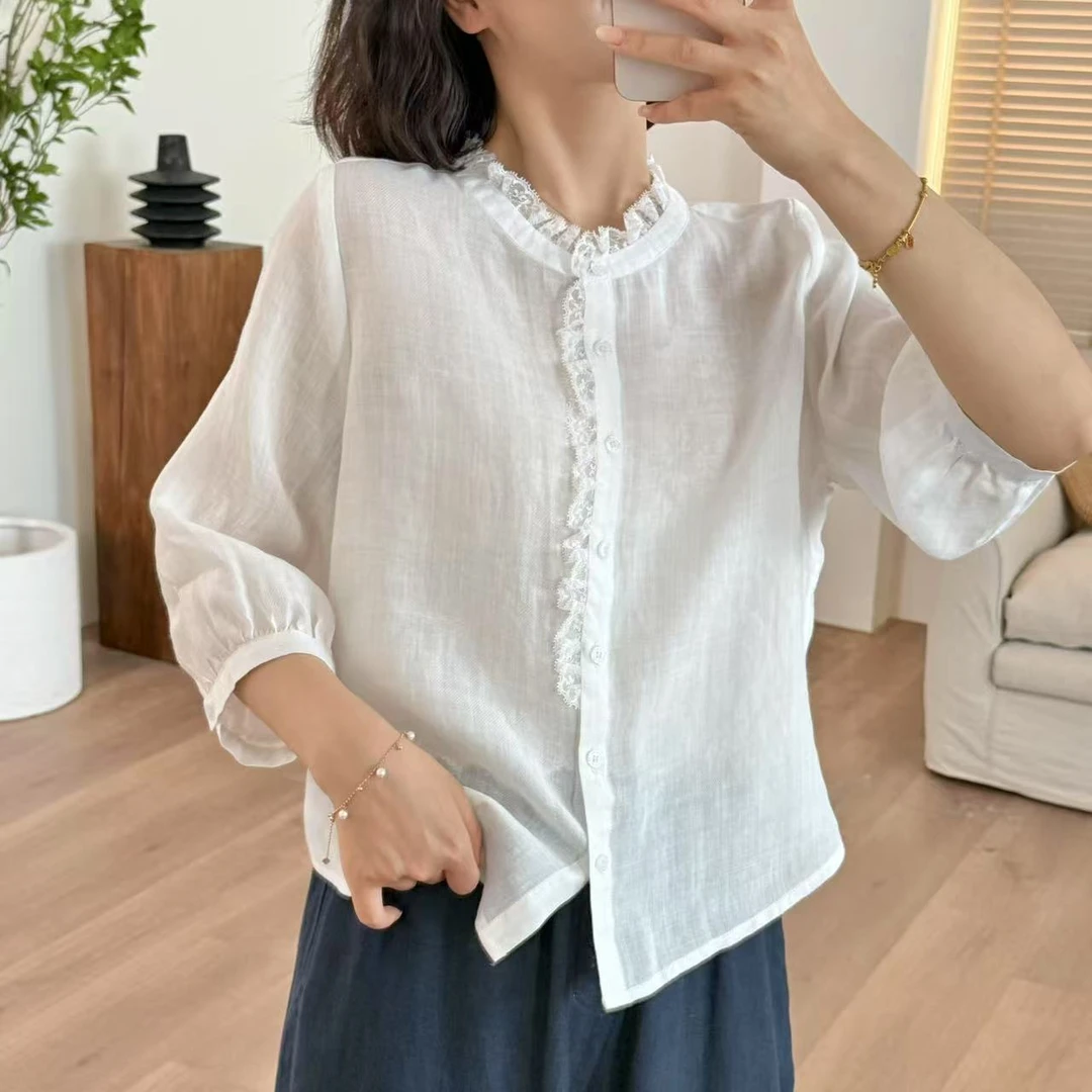 常樂家2025夏季新款纯苎麻单排扣蕾丝花边小衫937