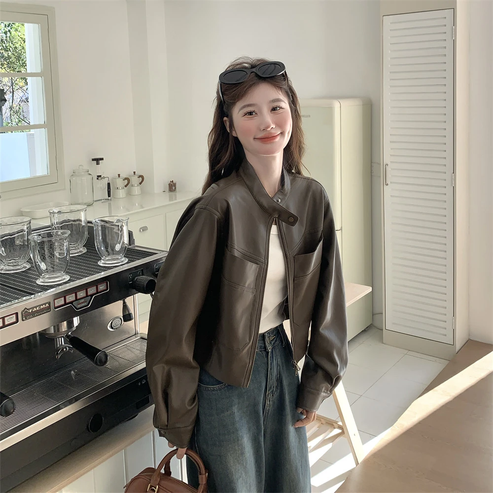 咖啡色皮衣外套女春秋2025新款美式复古小个子pu皮夹克机车服爆款