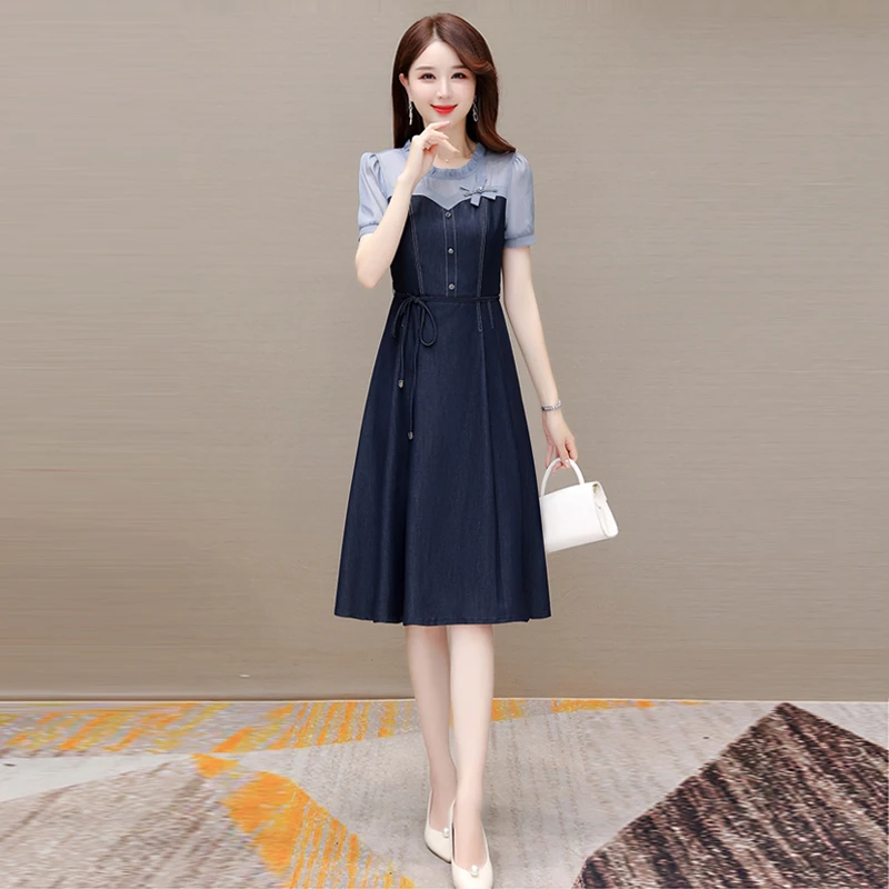 中长款收腰显瘦气质牛仔连衣裙女春夏季短袖出行游玩裙子年轻妈妈