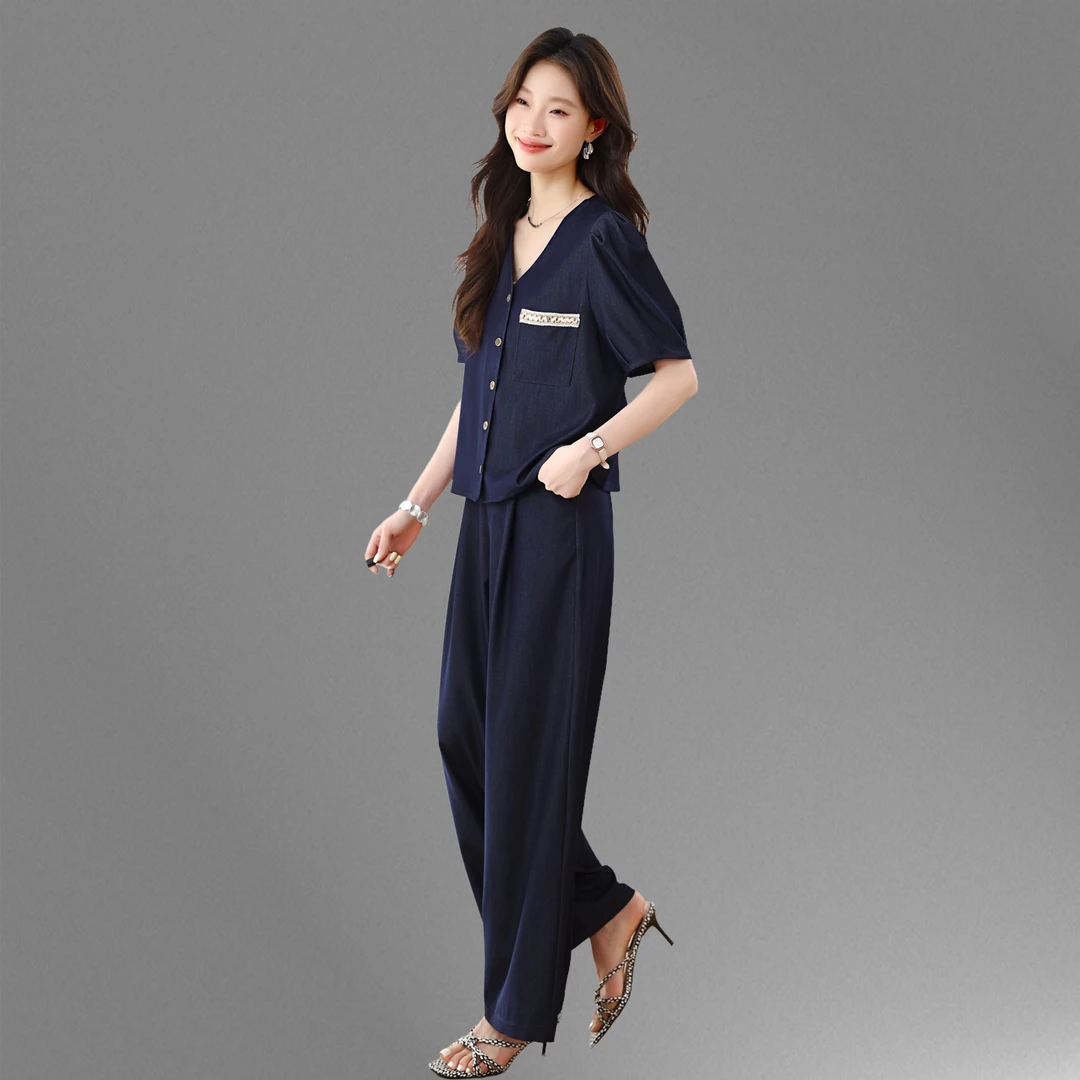 时尚休闲阔腿裤套装女2025夏新款洋气减龄宽松大码薄款牛仔两件套