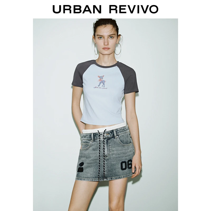 UR2025春季新品女装欧若风撞色插肩袖印花短款修身T恤UYY450038