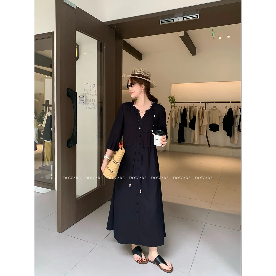 现货大婉酱微胖定制【独家记忆】气质V领连衣裙夏薄款纯色长裙8599D