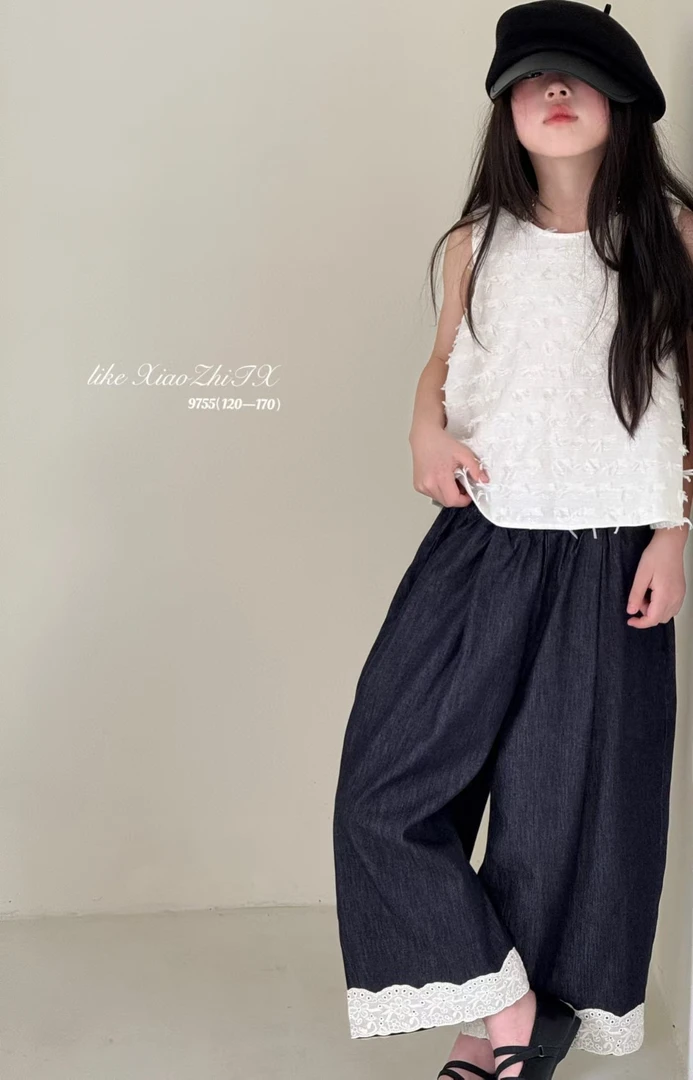 牛仔裤拼接女夏季高腰阔腿裤韩系松紧腰裤子休闲宽松纯色九分裤