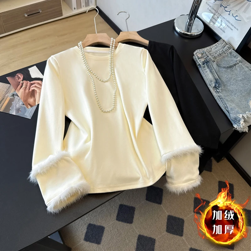 【加绒加厚 】新中式拼接水貂毛圆领打底衫复古百搭长袖马夹内搭女