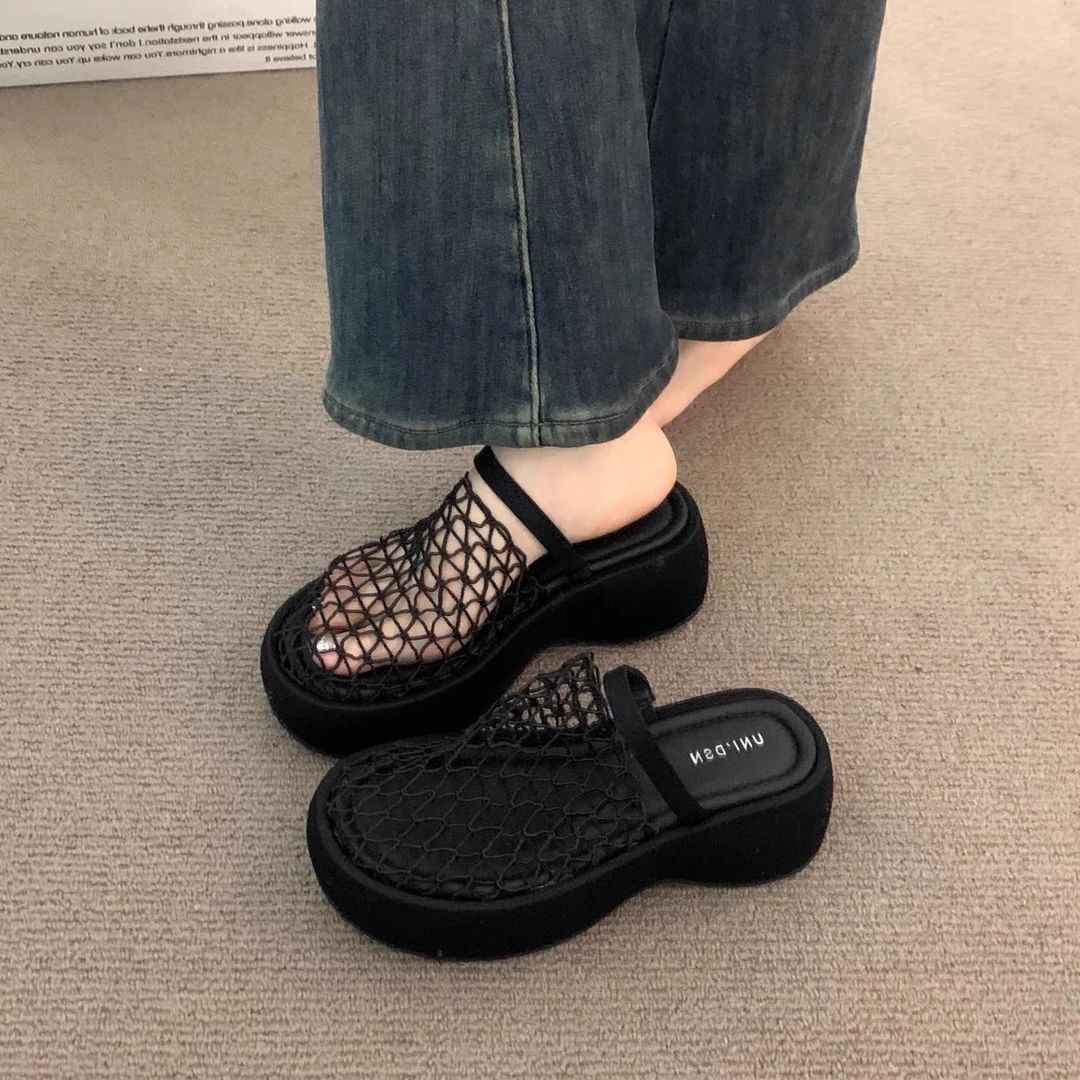 松糕厚底高跟镂空黑色包头凉鞋女夏季温柔仙女小个子内增高半拖鞋