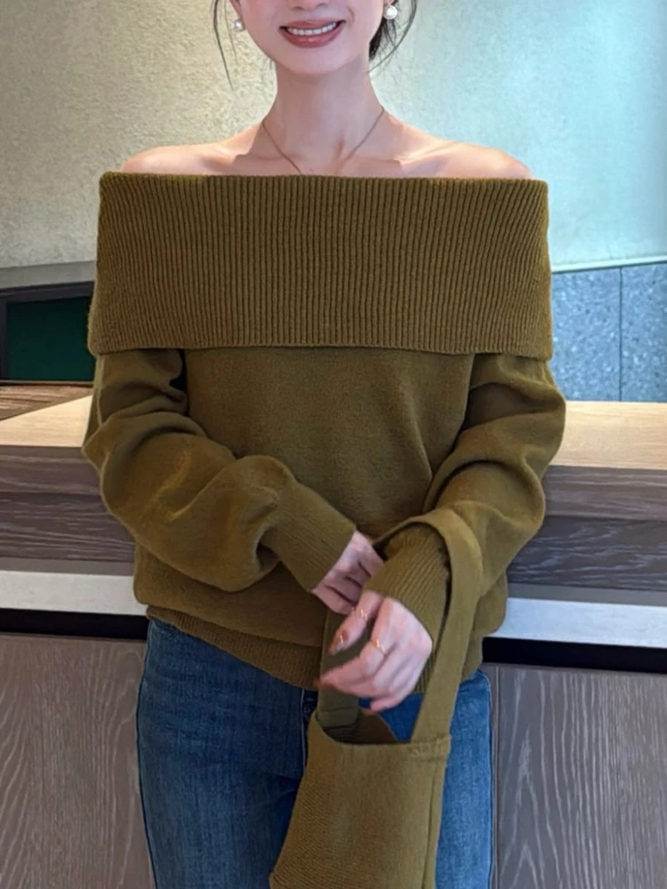 韩系慵懒风时尚减龄一字肩针织衫女2025秋冬新款软糯百搭宽松毛衣