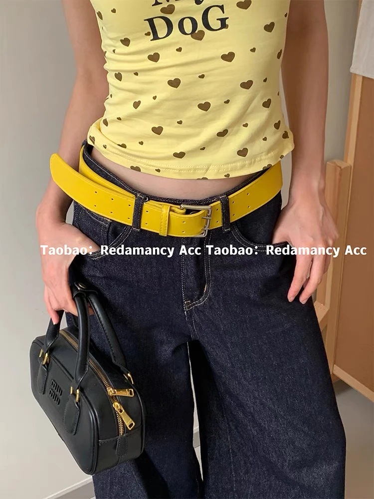 夏季多巴胺亮黄色腰带PU皮革皮带休闲百搭日常牛仔裤带配饰带女