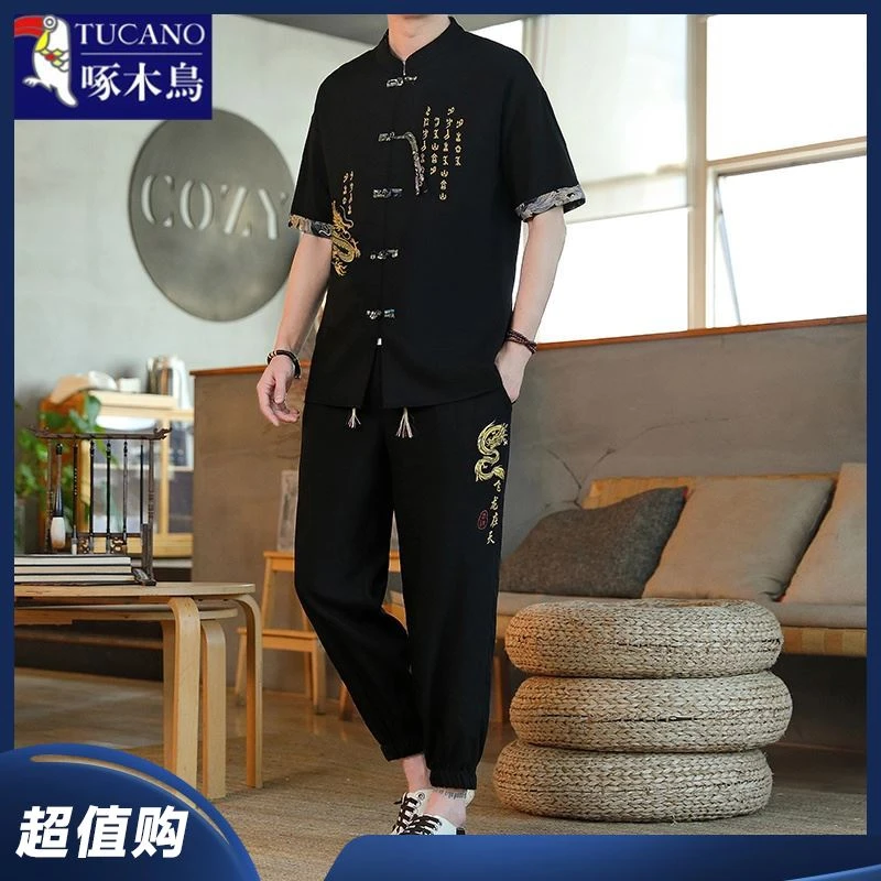 啄木鳥/薄款唐装中袖时尚中式两件套衬衫九分新潮流复男士裤夏季