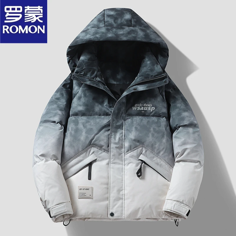 Romon/罗蒙渐变羽绒服男款加厚2024新款宽松青少年潮牌冬季外套