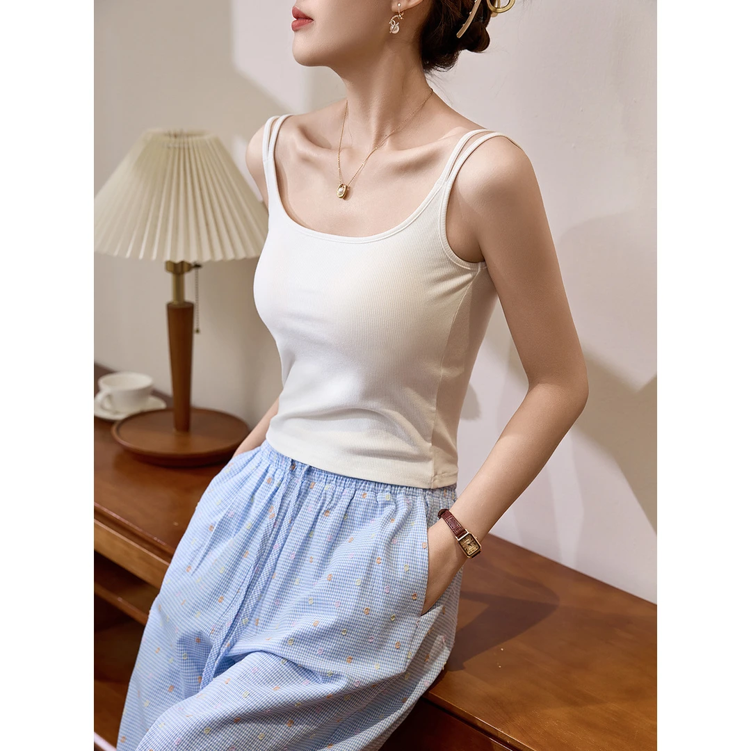 拉夏贝尔带胸垫吊带背心新款高弹棉遮副乳U领内搭可外穿无袖上衣