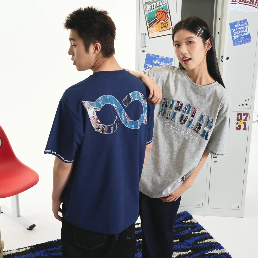 BIPOLAR牛仔拼接格纹圆领宽松短袖11Z042