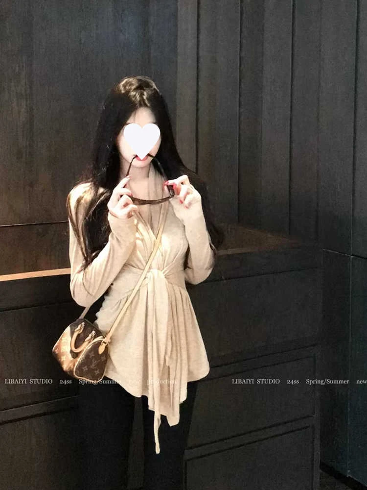 春秋新款高级慵懒风气质V领绑带小众设计修身百搭长袖上衣3387#
