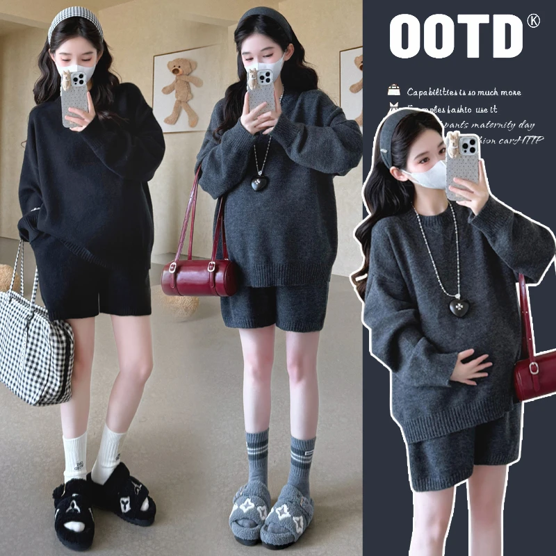 时尚孕妇2025秋冬孕妇新品针织套头毛衣＋短裤套装