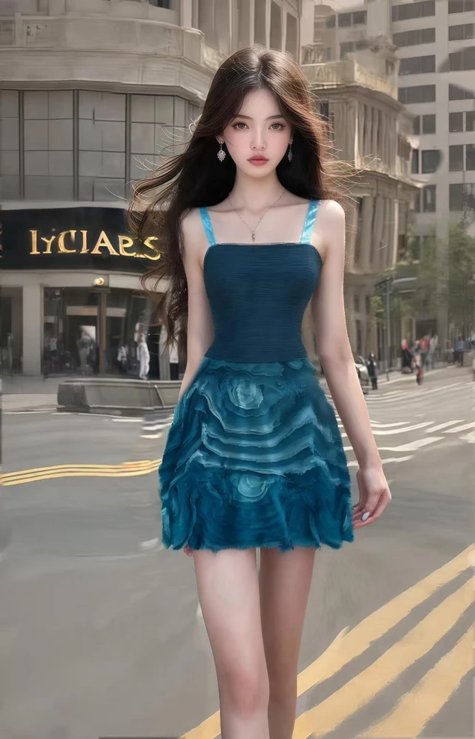 夏季新款2025孔雀蓝一字肩吊带收腰别致设计感连衣裙女高级感显瘦