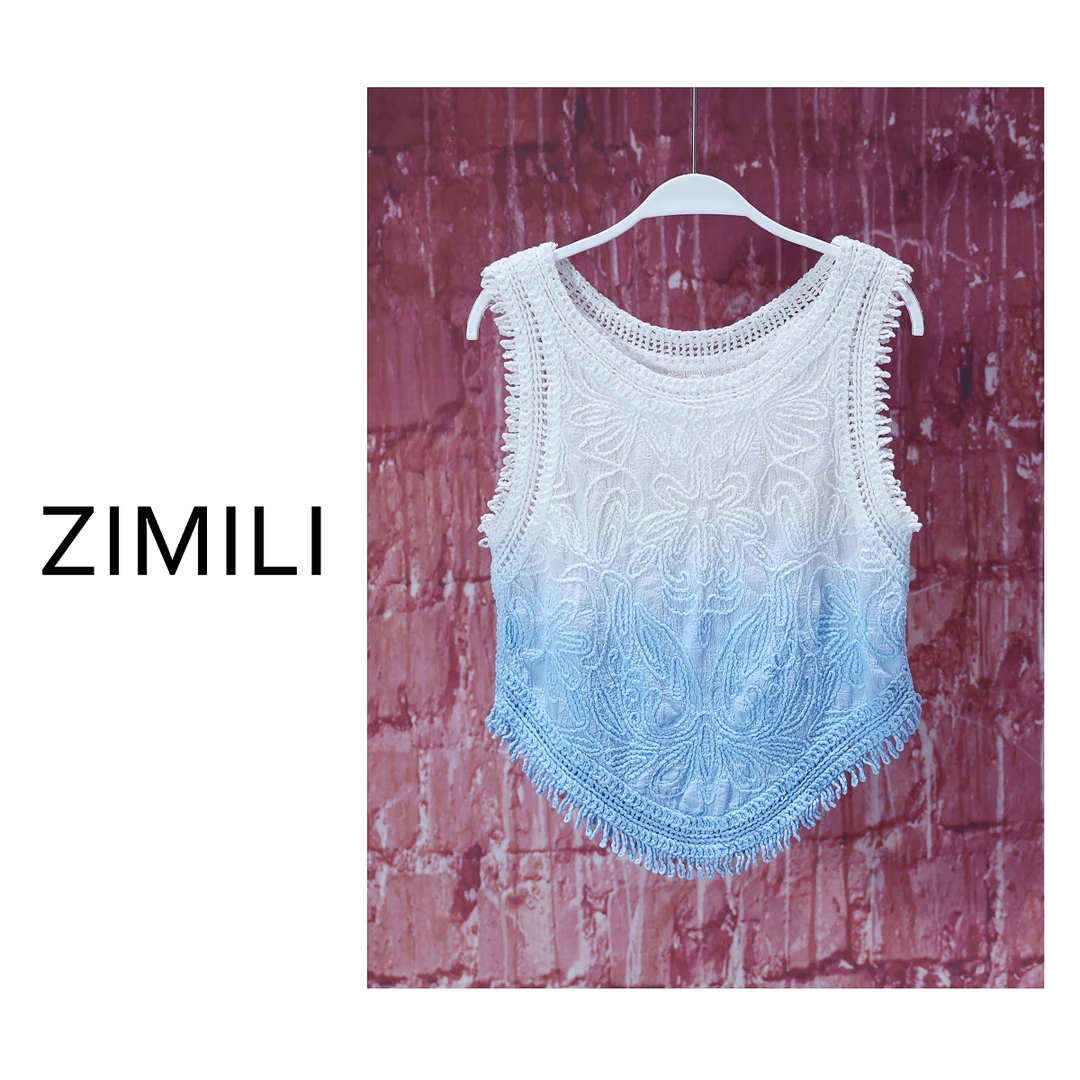 【亮哥女装】2025欧版《折镜》莱赛尔轻薄象牙白渐变蓝流苏背心7812