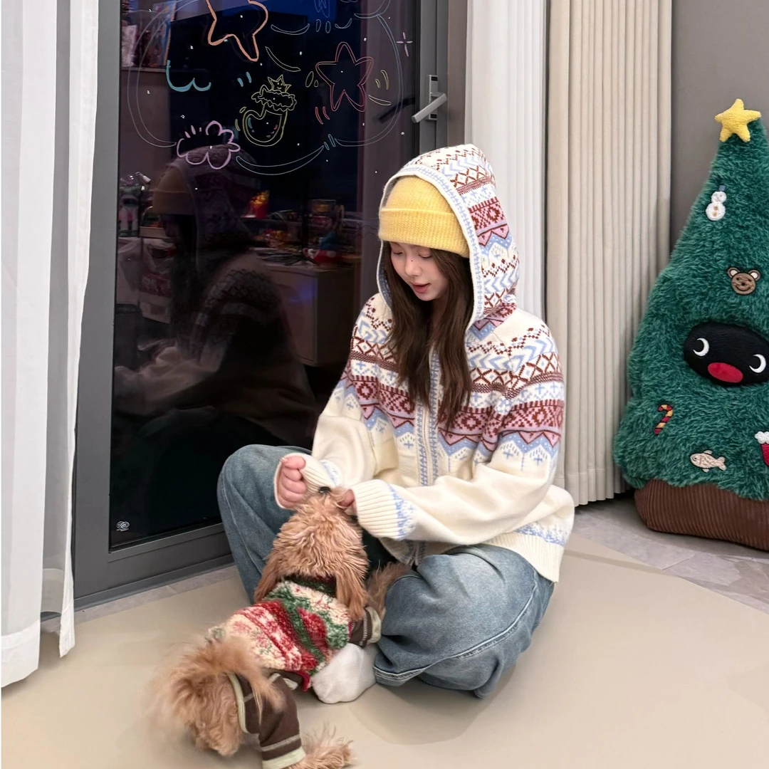 晶咕软软【圣诞星】慵懒风秋冬韩版设计感连帽针织外套