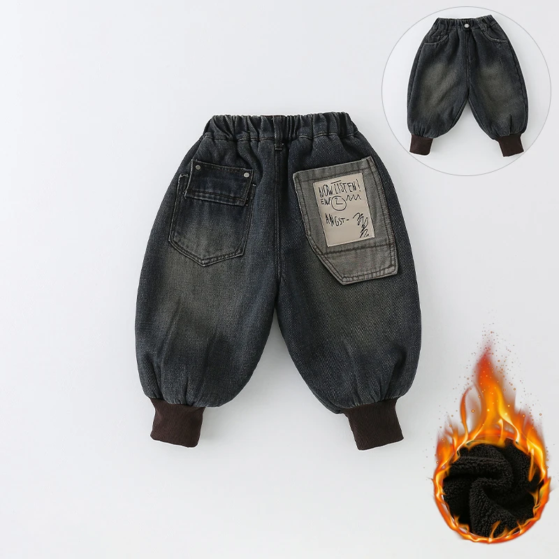 SCBEBE【加绒】儿童牛仔裤冬季2025新款男童洋气梯形后兜裤子AK1034